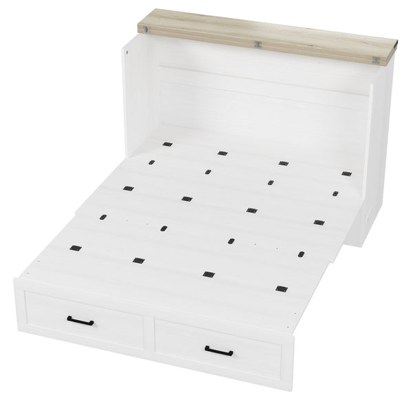 English Elm Queen Farmhouse Murphy Cabinet Bed with Charging Station and Storage Drawer White N733S361778W
