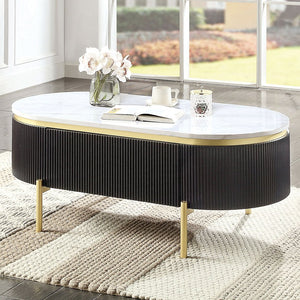 English Elm Gorgeous Mid-Century Glam Coffee Table with White Faux Marble Top, Gold Frame, Concealed Drawer Black + Dark Walnut 53 L x 28 W x 15 H B011P184952