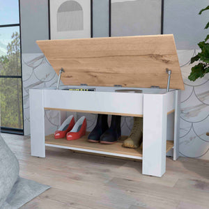 English Elm Daffodil Storage Bench with Liftable Top and Lower Shoe Panel — Light Oak White Accent Seating with 37.3" W Top Compartment Multicolor 44 L x 24 W x 5 H B128P148902