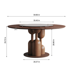 English Elm 59-inch Solid Oak Live Edge Round Dining Table Wabi-sabi Style Seats 8 with Glass Lazy Susan W2700S00135