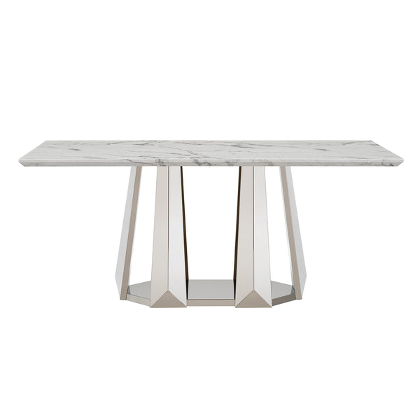 English Elm Marble Dining Table For 6 – Modern Rectangular Faux Marble Top With Sleek Stainless Steel Base W3456S00014