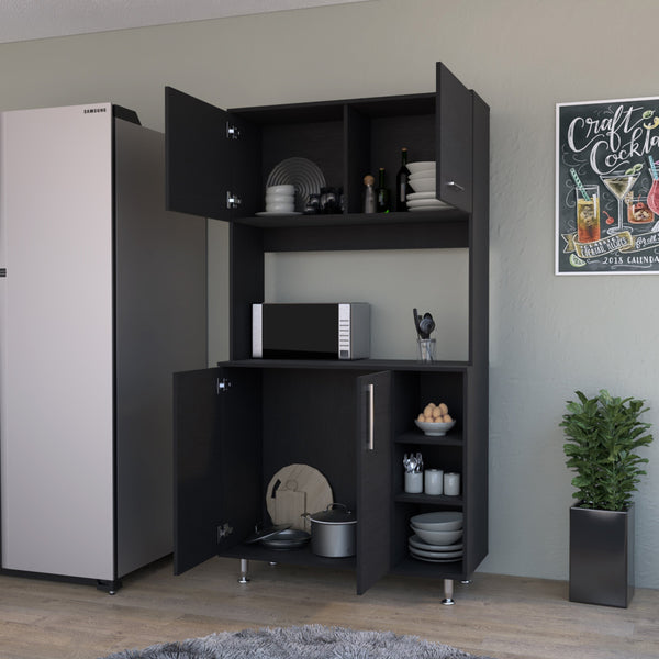 English Elm Colorado Pantry Cabinet with Hutch and Bottom Cabinet, Three Open Shelves, Spacious 37" Prep Surface Black 42 L x 21 W x 5 H B128S00134