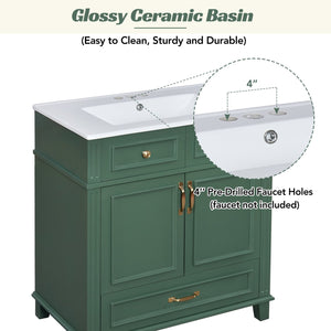 English Elm 30'' Bathroom Vanity with Sink - Retro Solid Wood Frame, Ceramic Basin, Soft-Close Doors & Ample Storage Green N710P190656F