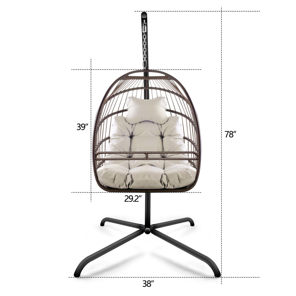 English Elm Swing Egg Chair with Stand - Foldable Wicker Rattan Hanging Basket, Safety Guardrail & Cup Holder beige brown W2707P184390