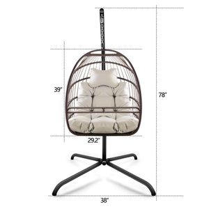 English Elm Swing Egg Chair with Stand - Foldable Wicker Rattan Hanging Basket, Safety Guardrail & Cup Holder beige brown W2707P184390