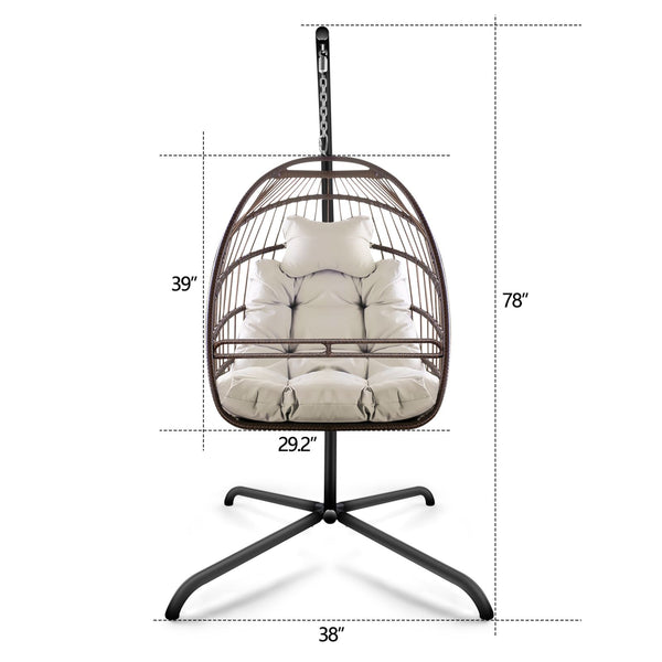 English Elm Swing Egg Chair with Stand - Foldable Wicker Rattan Hanging Basket, Safety Guardrail & Cup Holder beige brown W2707P184390