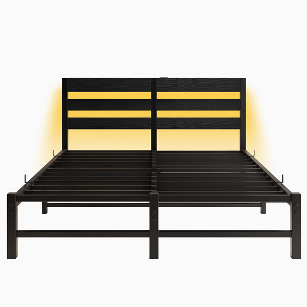 English Elm Queen Metal Bed Frame with Wooden Headboard, Built-In USB Charging, RGB App Lights, Storage Shelf, 10.6" Clearance, Noise-Free, Rustic Finish Black W840P209907