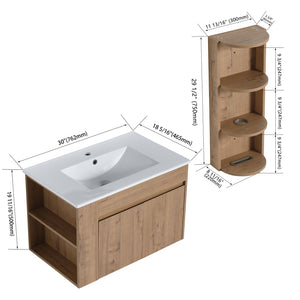 English Elm 30" Wall-Mounted Bathroom Vanity With Ceramic Sink, Soft-Close Doors & Versatile Storage Rack W999S00342