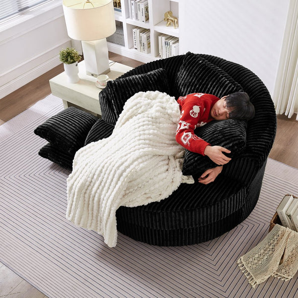 English Elm 360° 360 Swivel Round Lounge Chair Corduroy Upholstered Sculptural Seat with Removable Pillows Black W3705S00036