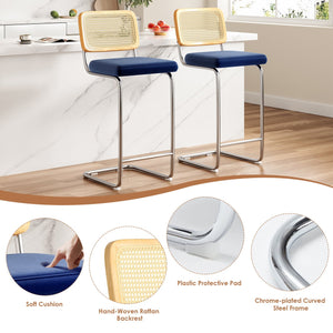 English Elm Counter Height Bar Stools Set Of 2 - Chic Royal Blue Velvet With Rattan Back For Modern Spaces T3623P360717