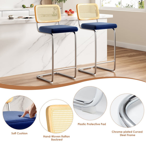 English Elm Counter Height Bar Stools Set Of 2 - Chic Royal Blue Velvet With Rattan Back For Modern Spaces T3623P360717