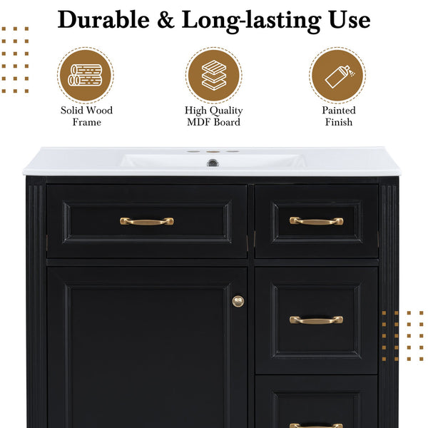 English Elm 36 Inch Bathroom Vanity With Sink & Soft-Close Drawers - Modern Black Cabinet For Smart Storage N725P336549B