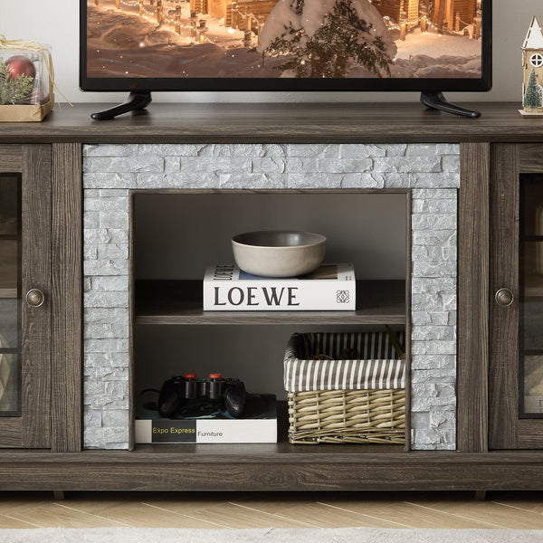 English Elm 58" Modern TV Stand with Faux Stone Top, 6 Cable Cutouts, Ample Adjustable Storage for 75" TVs Grey W2275P342691