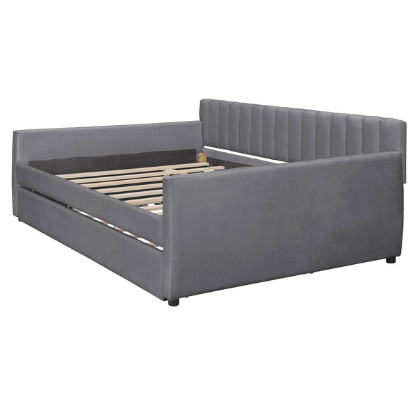 English Elm Full Size Velvet Upholstered Daybed with Pull Out Trundle and Wood Slat Support Gray LP100121AAE