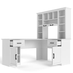 English Elm L-shaped Home Office Desk with Open Shelves Flip Shelf Cabinets and Drawer Storage White W1580S00492