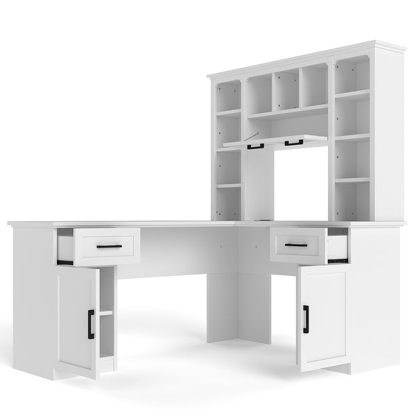 English Elm L-shaped Home Office Desk with Open Shelves Flip Shelf Cabinets and Drawer Storage White W1580S00492