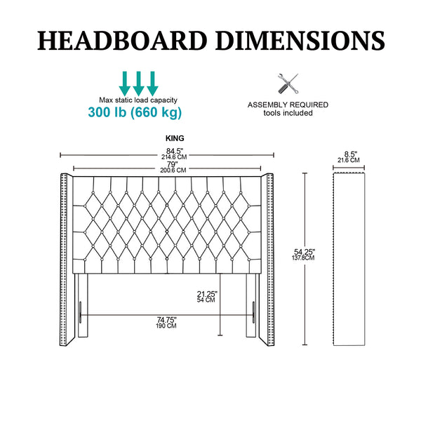 JLA Home Madison Park - Upholstered Wingback Headboard with Hand-Tufted Buttons, Double Nailhead Trim, Plush Support —64" MP116-0358