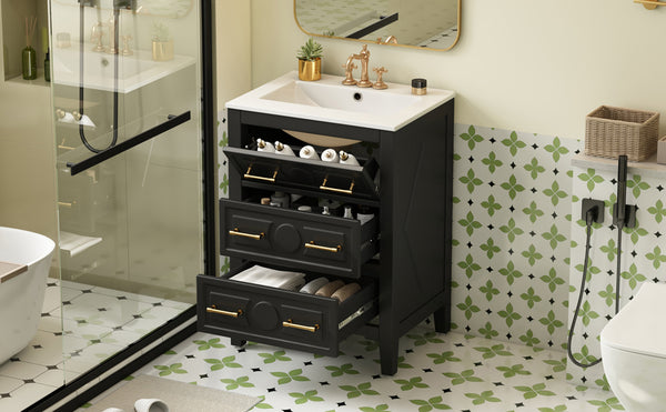 English Elm 24'' Bathroom Vanity with Ceramic Sink and 3 Drawers Retro Solid Wood Frame Freestanding Storage Black N710P371184B