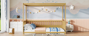 English Elm Full Canopy Bed Frame with Guardrails for Kids Full Size Pine Wood Montessori Floor Bed Cozy Canopy Natural Wood W1858P252841