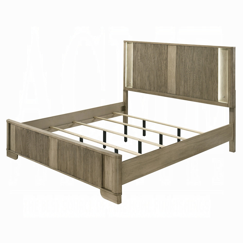 English Elm 1pc Transitional Queen Bed with Reeded Panels and Built-In LED Headboard in Antique Finish, Solid Wood Oak 66 L x 37 W x 7 H B2741S00744