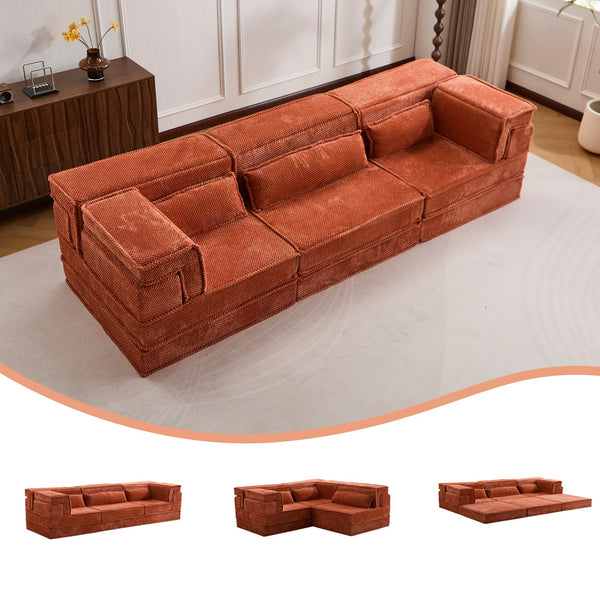 English Elm Compression Modular Sofa Bed - Oversized Convertible Sectional With Plush Fleece & 3 Pillows, Orange W3723S00018