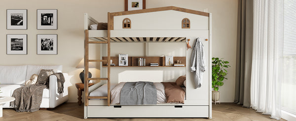 English Elm Twin Xl Solid Pine Loft Bed with Built-in Led Lighting and Storage Shelves W1580S00392