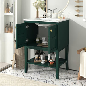English Elm 24'' Retro Green Bathroom Vanity with Glossy Resin Basin, Solid Wood Feet, Soft-Close Doors, Ample Storage, Metal Handles (Modern) WF324870AAF