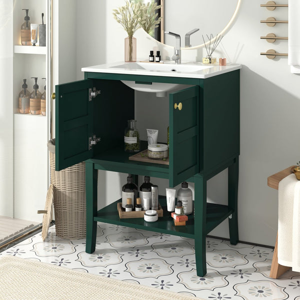 English Elm 24'' Retro Green Bathroom Vanity with Glossy Resin Basin, Solid Wood Feet, Soft-Close Doors, Ample Storage, Metal Handles (Modern) WF324870AAF