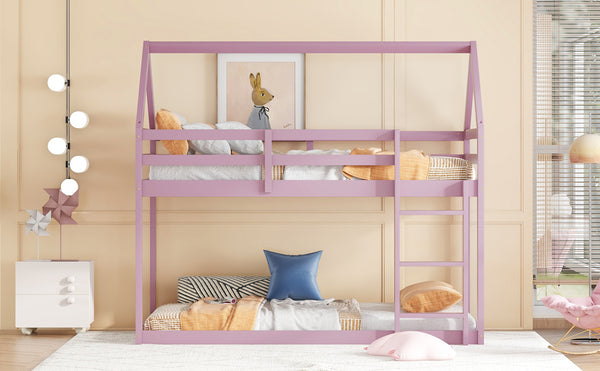 English Elm Twin Rubber Wood Floor Bunk Bed House-Shaped Design with Ladder Guardrails Sturdy Low-Profile Retreat Pink W504P206867