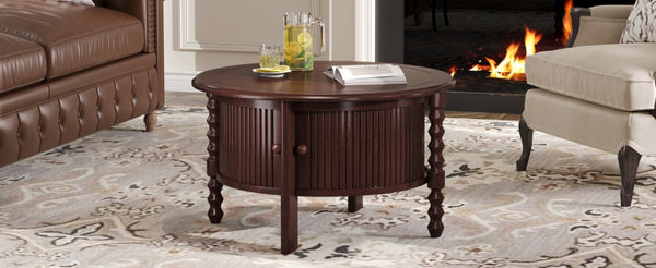 English Elm Vintage Round Coffee Table With Hidden Storage - Mid Century Modern Accent Table For Small Spaces N735P277387D-GIGA