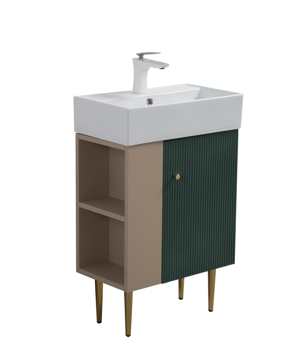 English Elm 21.6" Sage Green Bathroom Vanity Base with Open Shelf and Gold Hardware Accents W1920P385633