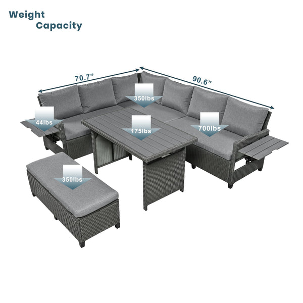 English Elm Tomax 5 Piece Pe Wicker Sectional Patio Set Seats Seven with Dining Table Included N717S110006E