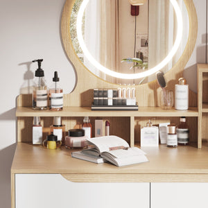 English Elm Makeup Vanity Desk with LED 3-Mode Lighted Mirror, Solid Wood Feet, 4 Drawers & Shelves, Oak Finish W509P238991