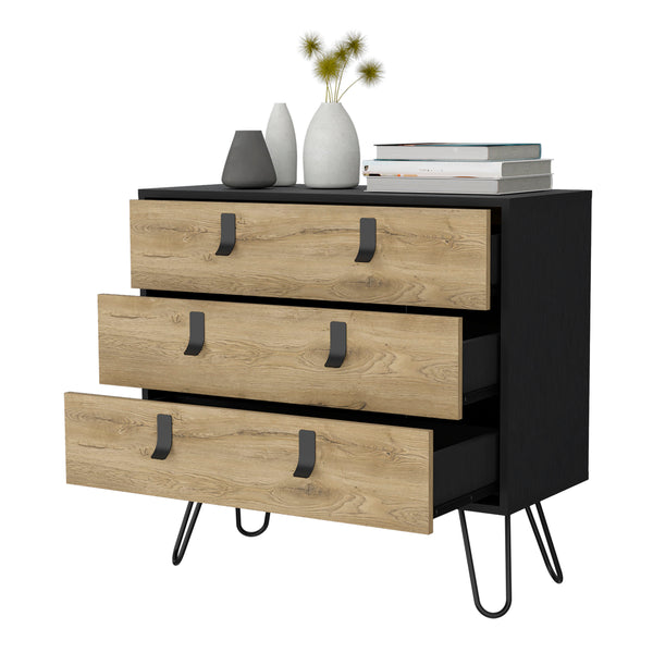 English Elm Kimball Modern Hairpin Legs Dresser, 3-Drawer Black/Macadamia Finish, Metal Handles, RTA Elegance B128P176106
