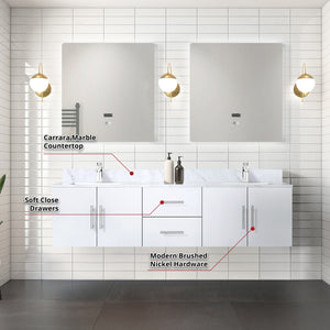 English Elm Glossy 72-inch Double Bath Vanity with Carrara Marble Top, Scratch-Resistant Surface, Chrome Faucet Set & 30" LED Mirrors B2731S01047