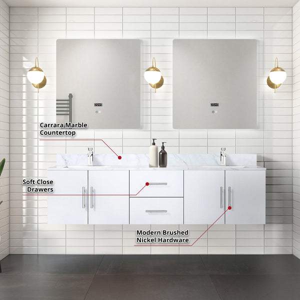 English Elm Glossy 72-inch Double Bath Vanity with Carrara Marble Top, Scratch-Resistant Surface, Chrome Faucet Set & 30" LED Mirrors B2731S01047