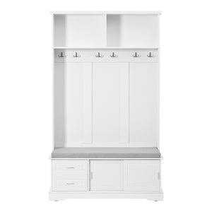 English Elm On-Trend Elegant Hall Tree With Sliding Doors, 6 Hooks, Mudroom Bench & Cushion For Organized Entryway N721P205787K-GIGA