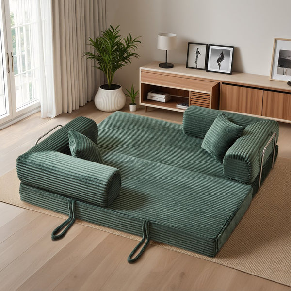 English Elm Compression Foldable Floor Sofa Bed Corduroy Futon with Foam Support for Small Spaces Green W3716P379189