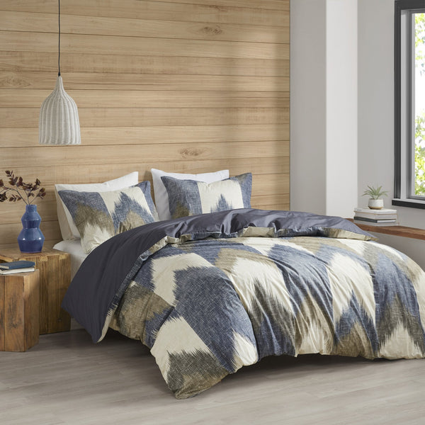 English Elm King/Cal Alpine 3-Piece Duvet Cover Mini Set — 200TC Cotton Ikat Chevron, OEKO-TEX, Antimicrobial Protection B03596514