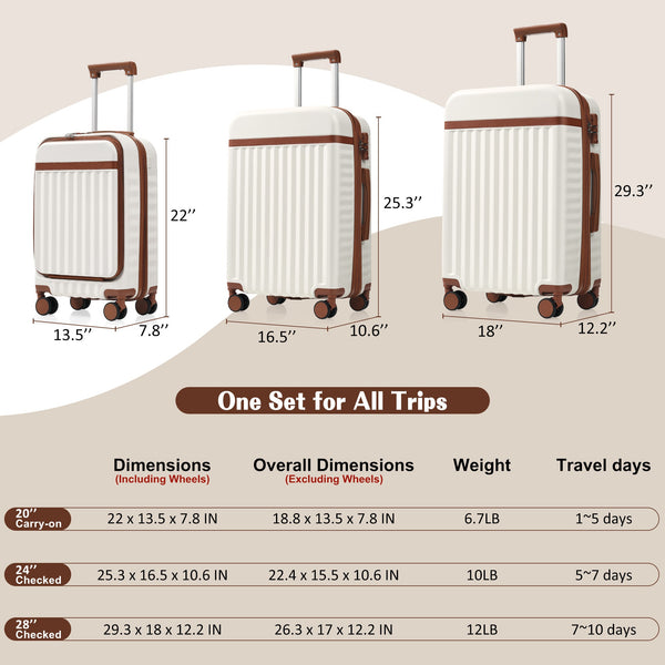 English Elm Luggage 3 Piece Abs Hard Shell Set with Usb Port Front Access and Spinner Wheels White N726P307555O