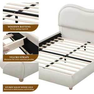 English Elm Queen Chenille Upholstered Bed Curved Headboard Oak Legs Wooden Slat Platform Frame W1716P387791
