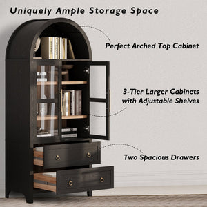 English Elm K&K 71" Arched Kitchen Pantry Cabinet with Glass Doors, Adjustable Shelves, Soft-Close Drawers Black N707P288972B