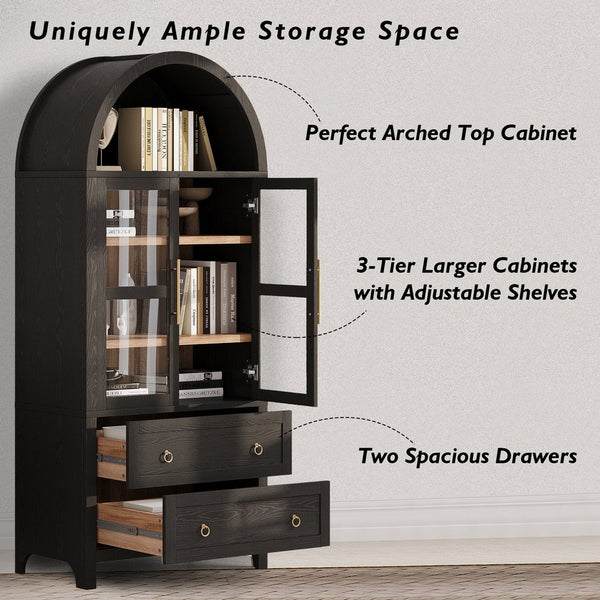 English Elm K&K 71" Arched Kitchen Pantry Cabinet with Glass Doors, Adjustable Shelves, Soft-Close Drawers Black N707P288972B