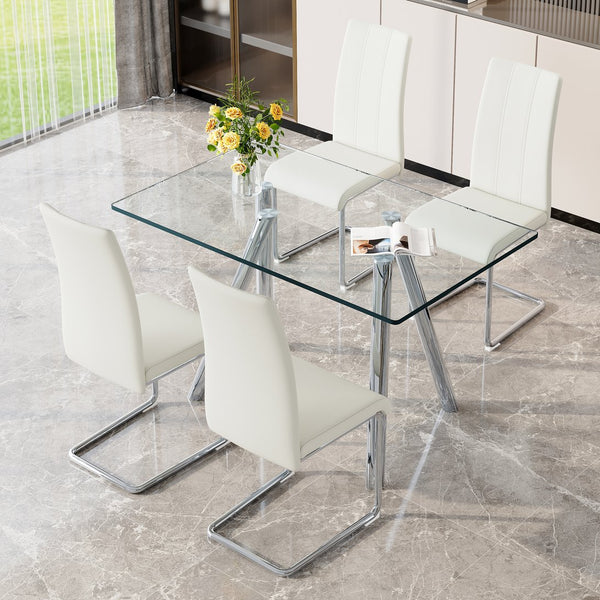 English Elm Tempered Glass Four Seat Dining Set with Chrome Sled Chairs for Modern Compact Spaces Silver,White W3875S00042