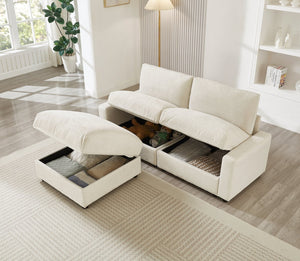 English Elm 72.05" L-shaped Sectional Sofa Cloud Cushion Polyester with Storage Ottoman Small Space Beige W1669S00050