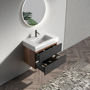 English Elm 30' Mid-Century Wall-Mounted Vanity with Oak-Tone Walnut Finish, Extra Storage & Soft-Close Drawers Black,Glossy White W1865S00171