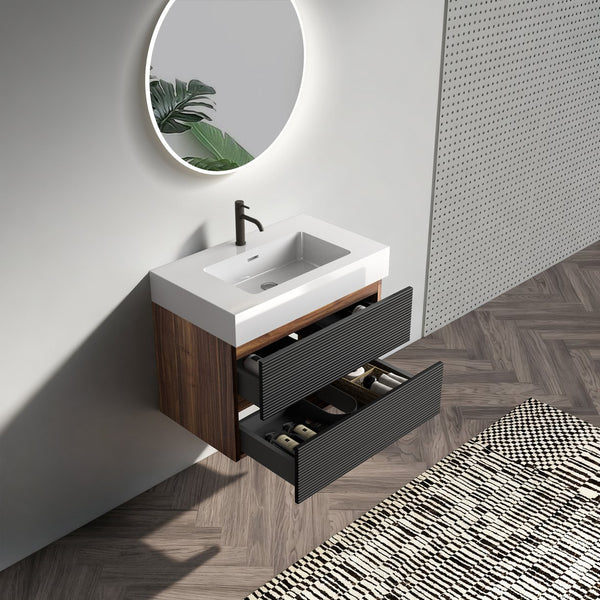 English Elm 30' Mid-Century Wall-Mounted Vanity with Oak-Tone Walnut Finish, Extra Storage & Soft-Close Drawers Black,Glossy White W1865S00171
