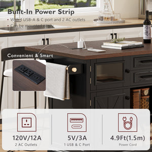 English Elm K&K 54.9" Farmhouse Kitchen Island Cart with Drop Leaf, Charging Station, Barn Doors & Glass Pane Black N707P300277B