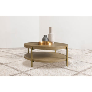 English Elm Benson Round Coffee Table with Rattan Shelf Brass Legs and Bold Matte Finish Sand B062P440110