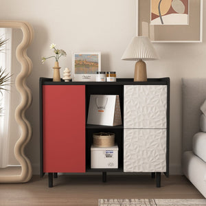 English Elm Sideboard Buffet Cabinet - Modern Black & Red Storage Solution With Unique Paneling For Home Decor W409P176588-GIGA